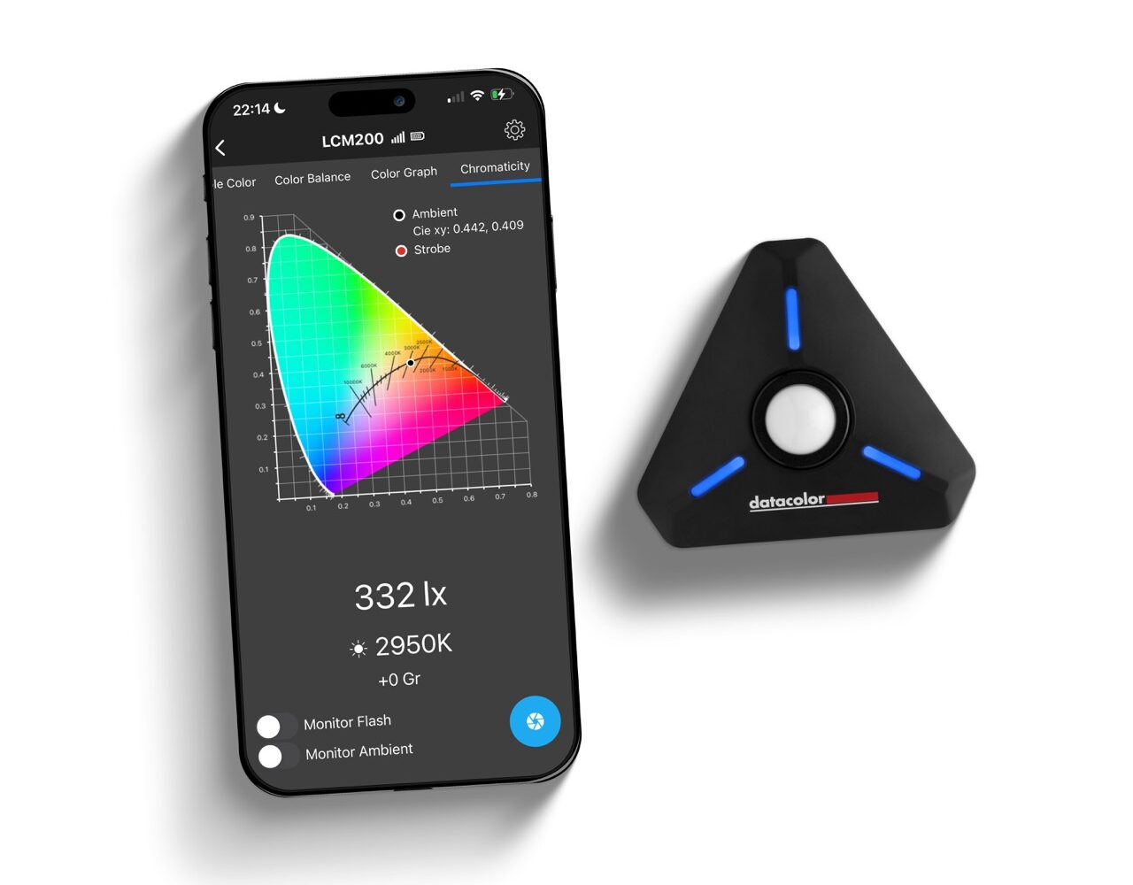 A phone with a colourful graph on screen next to a black triangle Datacolor device